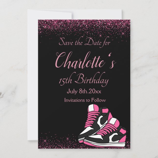 Sneaker Birthday, Pink Glitter  Save The Date (Front)