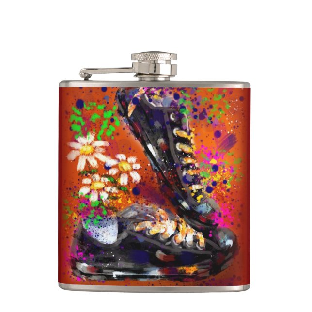 Sneakers and Daisies Impressionistic Orange White Flask (Front)