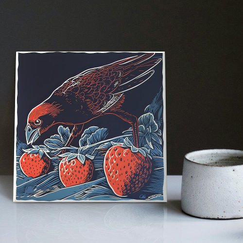 Sneaky Amsels Strawberry Heist _ Whimsical Ceramic Tile