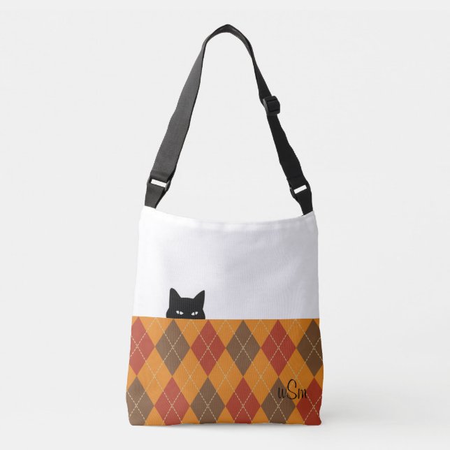 Sneaky Cat Argyle Brown Orange Crossbody Bag (Front)
