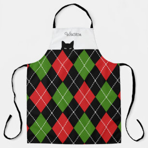 Sneaky Cat Argyle Red Green Black Apron