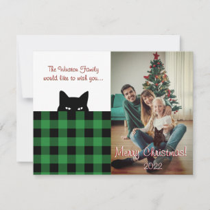 Sneaky Cat Buffalo Check Green Plaid Christmas Note Card