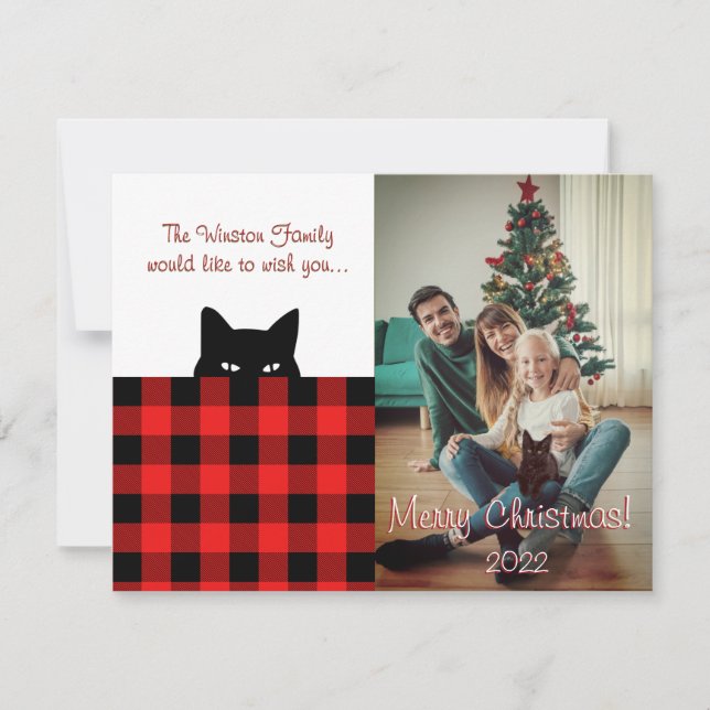 Sneaky Cat Buffalo Check Plaid Christmas Card (Front)