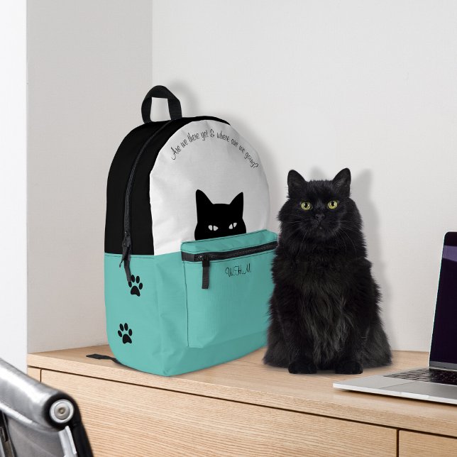 Sneaky Cat Light Teal Printed Backpack (Creator Uploaded)