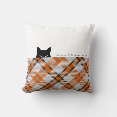 Sneaky Cat Madras Check Orange Gray Throw Pillow