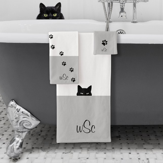 Sneaky Cat Monogram Gray Bath Towel Set (Creator Uploaded)