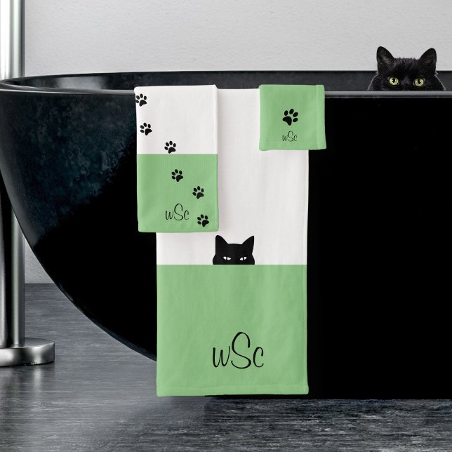 Sneaky Cat Monogram Green Bath Towel Set (Creator Uploaded)