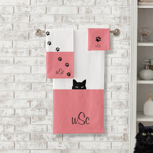 Sneaky Cat Monogram Pink Bath Towel Set