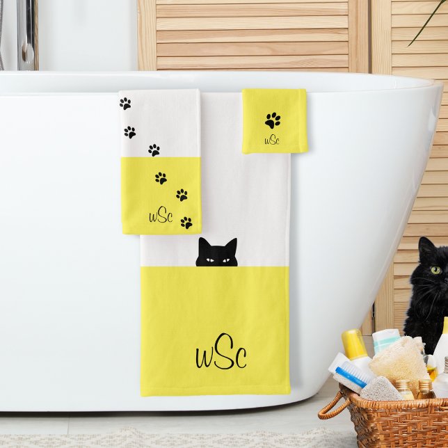 Sneaky Cat Monogram Yellow Bath Towel Set (Creator Uploaded)