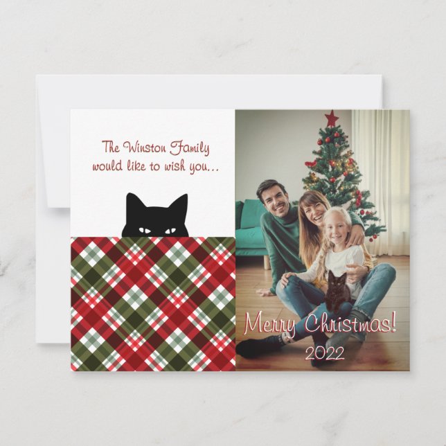 Sneaky Cat Royal Stewart Tartan Plaid Christmas Note Card (Front)