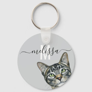 Sneaky Cat  Watercolor Monogram Name   Keychain