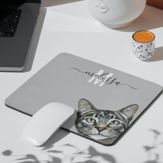 Sneaky Cat  Watercolor Monogram Name  Mouse Pad (Creator Uploaded)