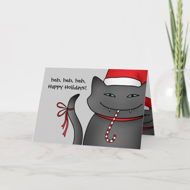 Sneaky Christmas kitty Happy Holidays gray Holiday Card (Front)