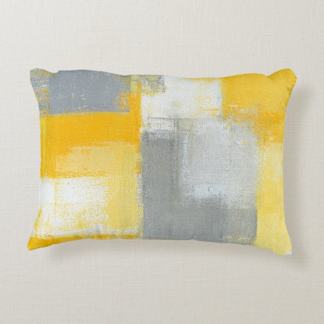 'Sneaky' Grey and Yellow Abstract Art Accent Pillow (Back)