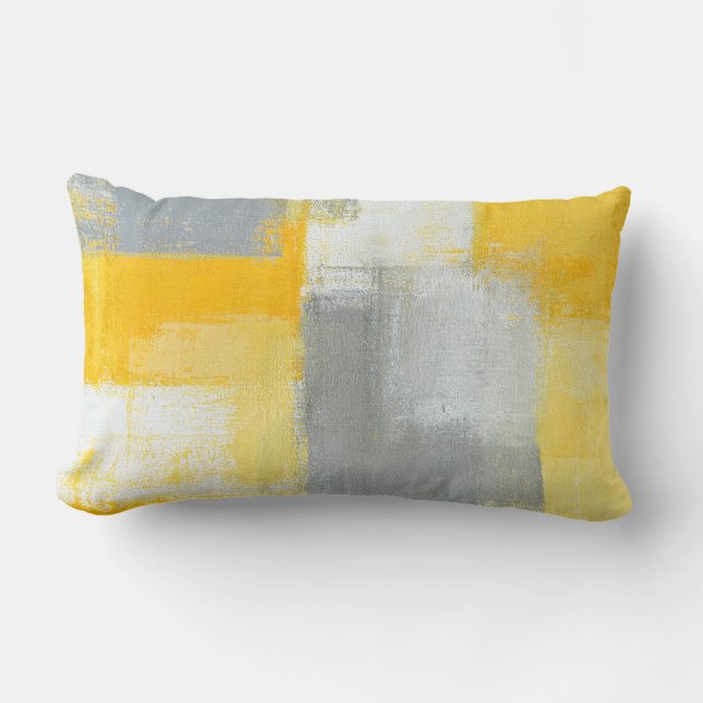 'Sneaky' Grey and Yellow Abstract Art Lumbar Pillow (Front)