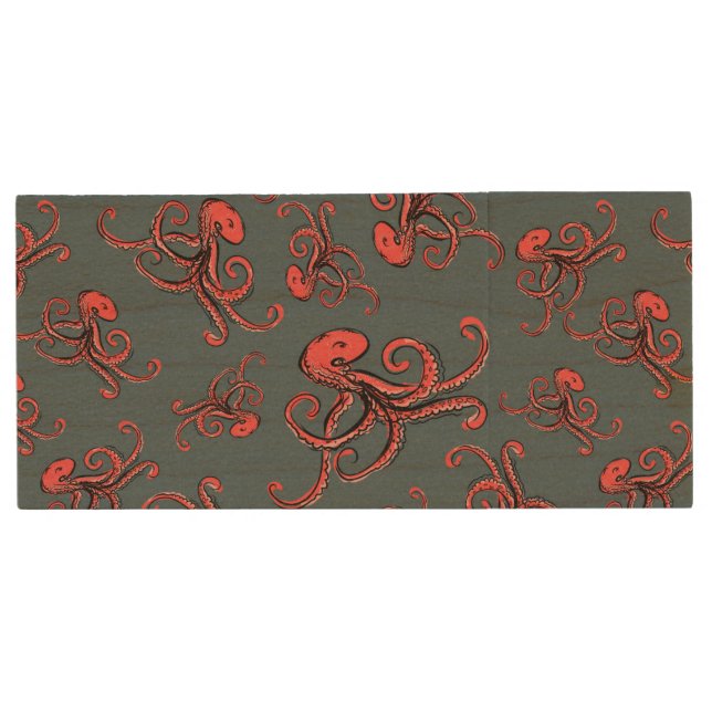 Sneaky Octopus Pattern Wood Flash Drive (Front)