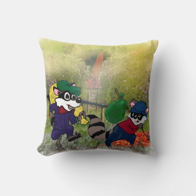 Sneaky Raccoon Brothers! Throw Pillow (Front)