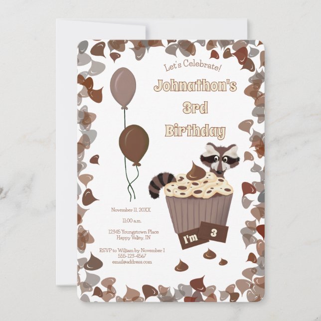 Sneaky Raccoon & Chocolate Cupcake Birthday Invitation (Front)