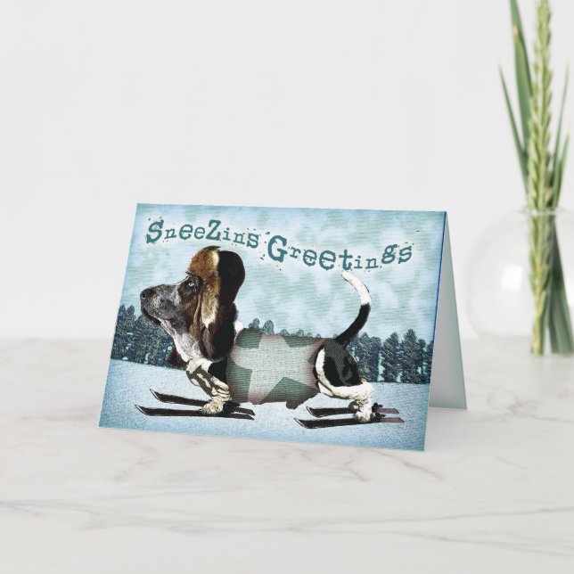 Sneezins Greetings Basset Christmas Holiday Card (Front)