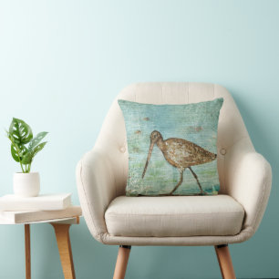 Snipe Coastal Shorebird Beach House Decor Throw Pillow
