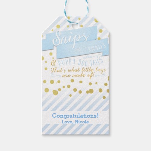 Snips  Snails Blue  Gold Baby Shower Gift Tag