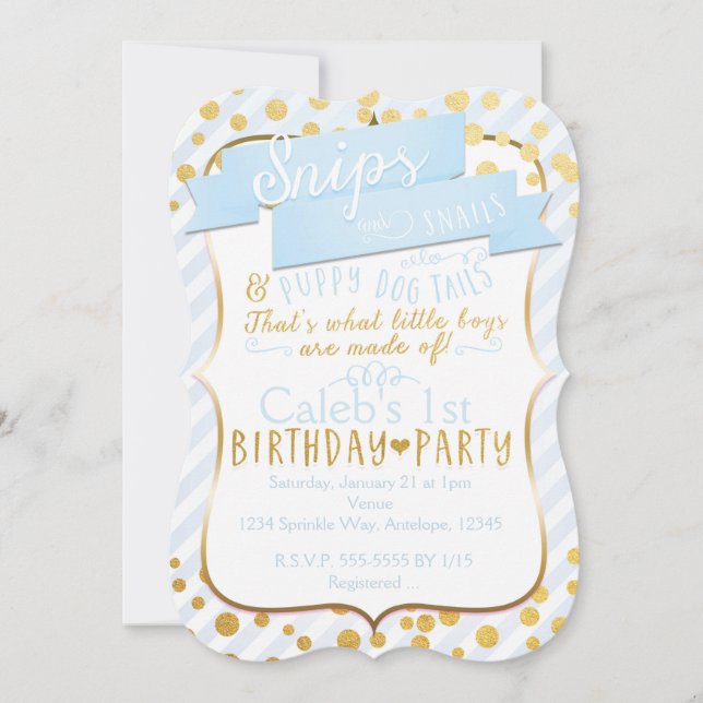 Snips & Snails Blue Gold Birthday Party Invitation (Front)
