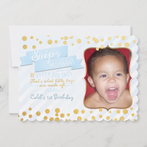 Snips  Snails Blue  Gold Party Photo Invitations