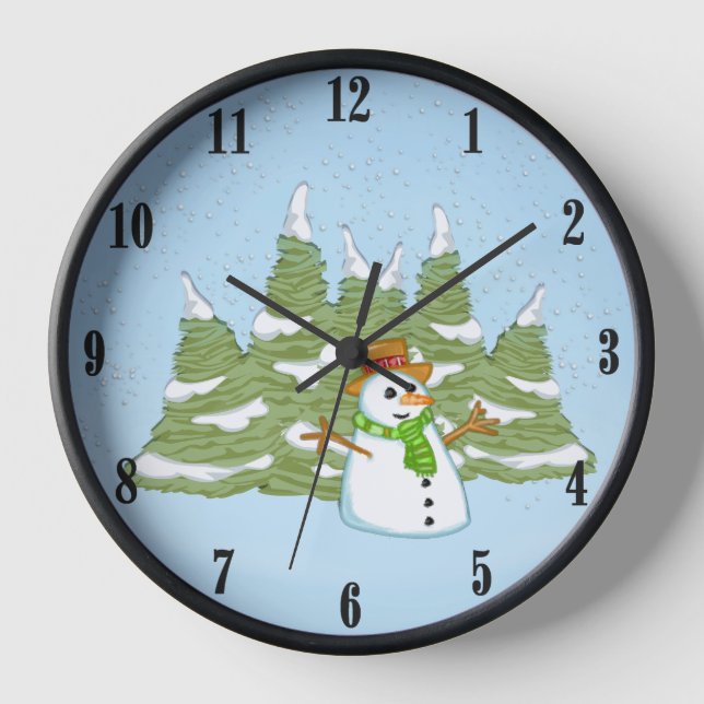 Snoman in Field of Falling Snow Blue Wall Clock (Front)