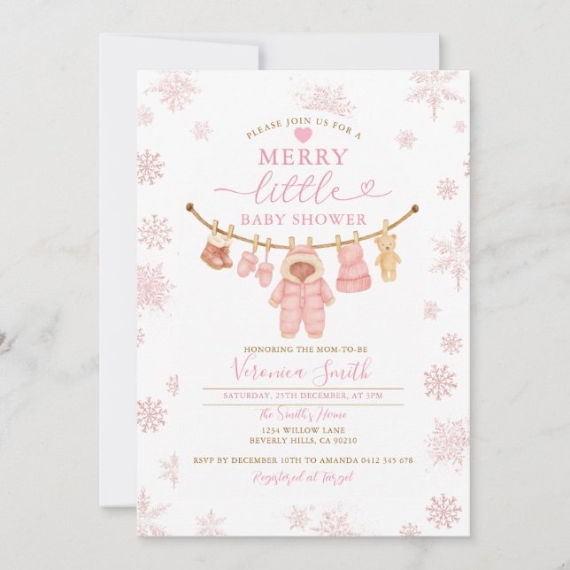 Snonwflakes Clothesline Merry Little Baby Shower Invitation (Front)