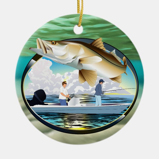 Snook Christmas Fishing Sunset Ceramic Ornament (Front)