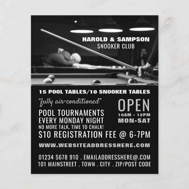Snooker Club Portrait, Pool, Snooker Club Advert Flyer (Front)