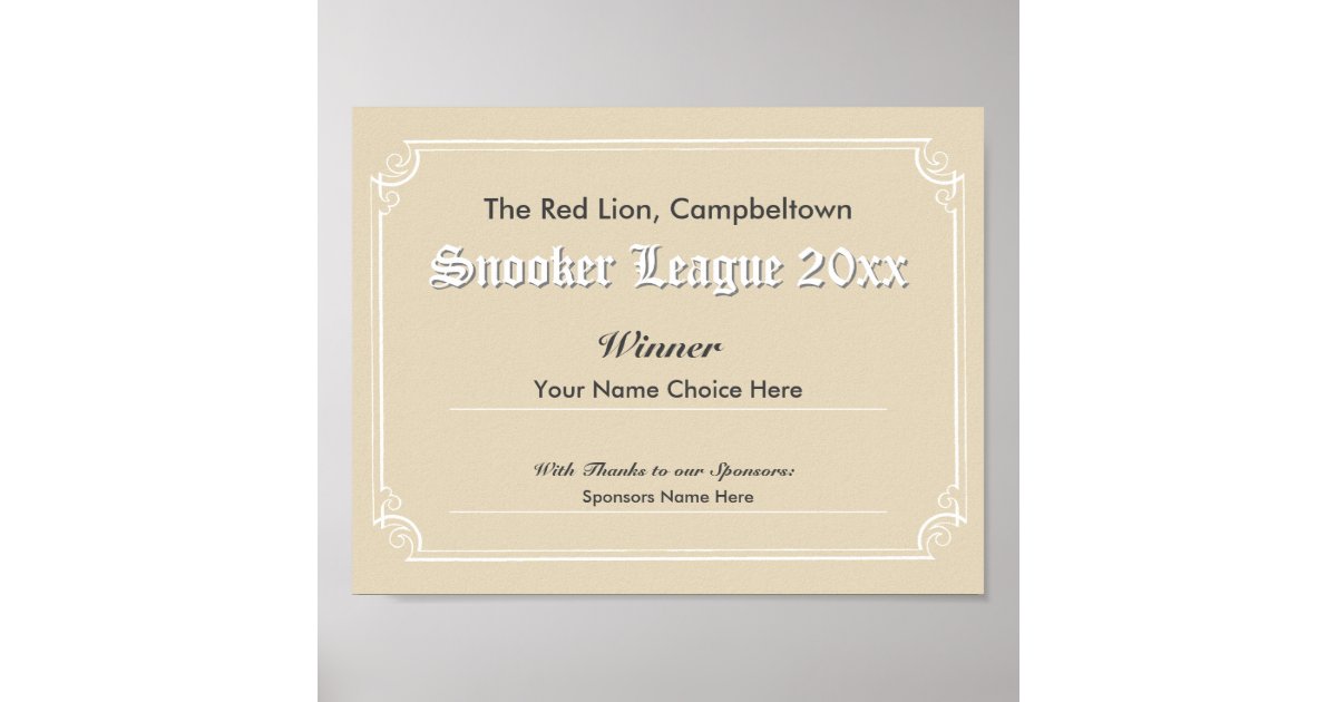 Snooker Competition Winner's Certificate Poster | Zazzle