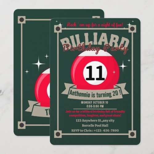 Snooker Invite Pool Birthday Party Billiards Ball