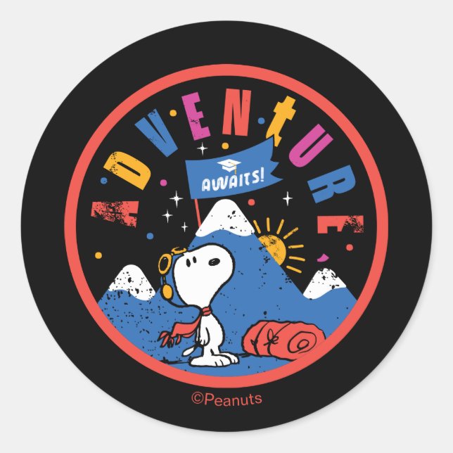 Snoopy Adventure Awaits Graduation Mountain Design Classic Round Sticker (Front)