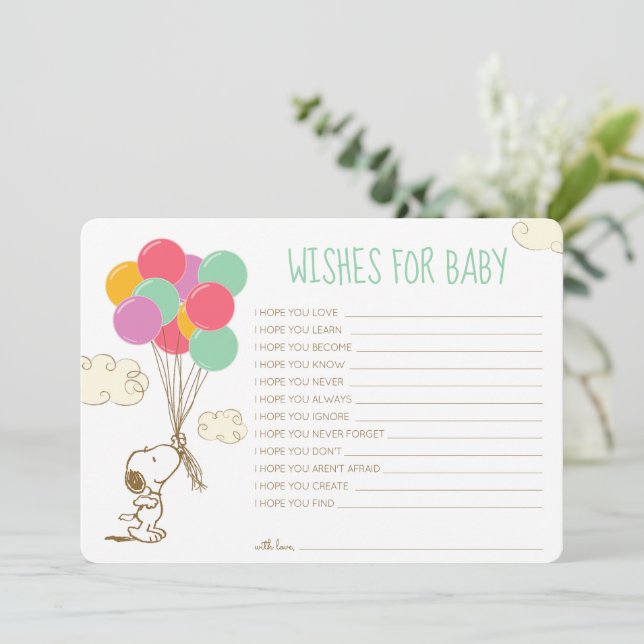 Snoopy and Balloons Baby Shower Wishes for Baby Note Card (Standing Front)