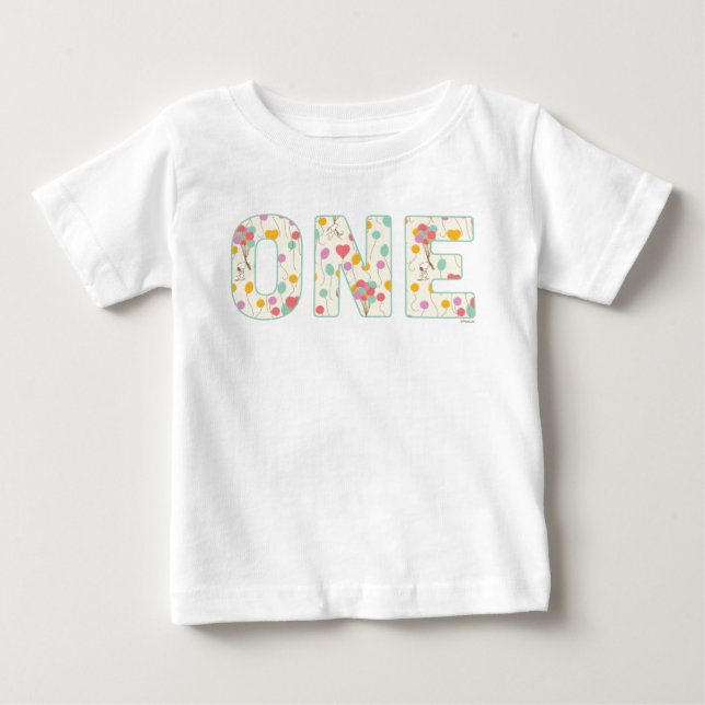 Snoopy and Balloons First Birthday Baby T-Shirt (Front)