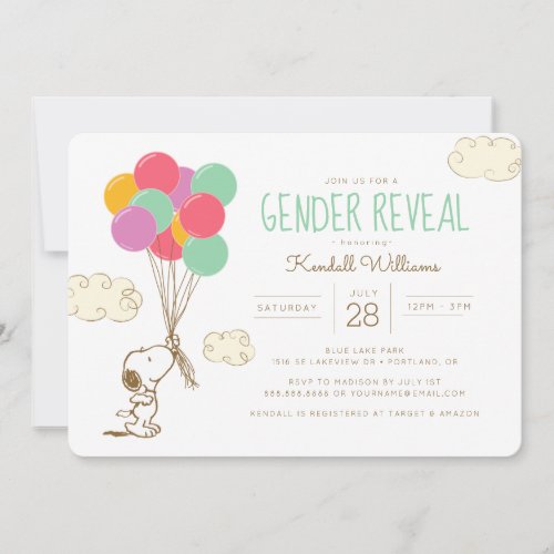 Snoopy and Balloons Gender Reveal Baby Shower Invitation