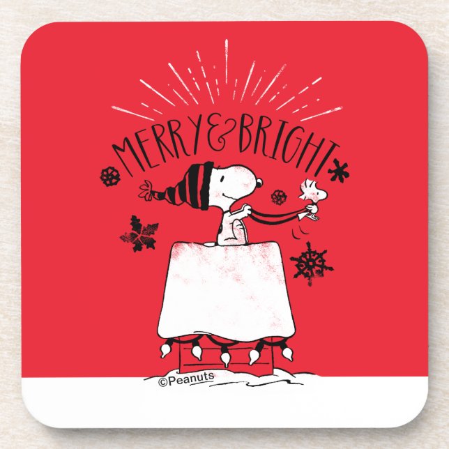 Snoopy and Woodstock - Merry & Bright Beverage Coaster (Front)