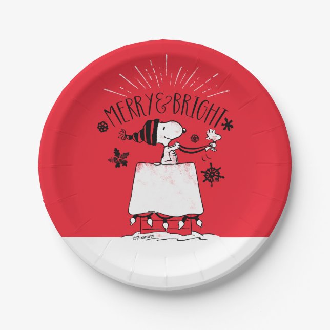 Snoopy and Woodstock - Merry & Bright Paper Plates (Front)