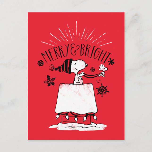 Snoopy and Woodstock - Merry & Bright Postcard (Front)