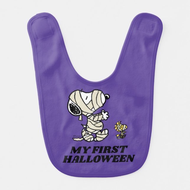 Snoopy and Woodstock Mummies | My First Halloween Baby Bib (Front)