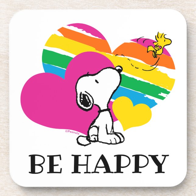 Snoopy and Woodstock | Rainbow Hearts Beverage Coaster (Front)