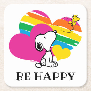 Snoopy and Woodstock Rainbow Hearts Square Paper Coaster