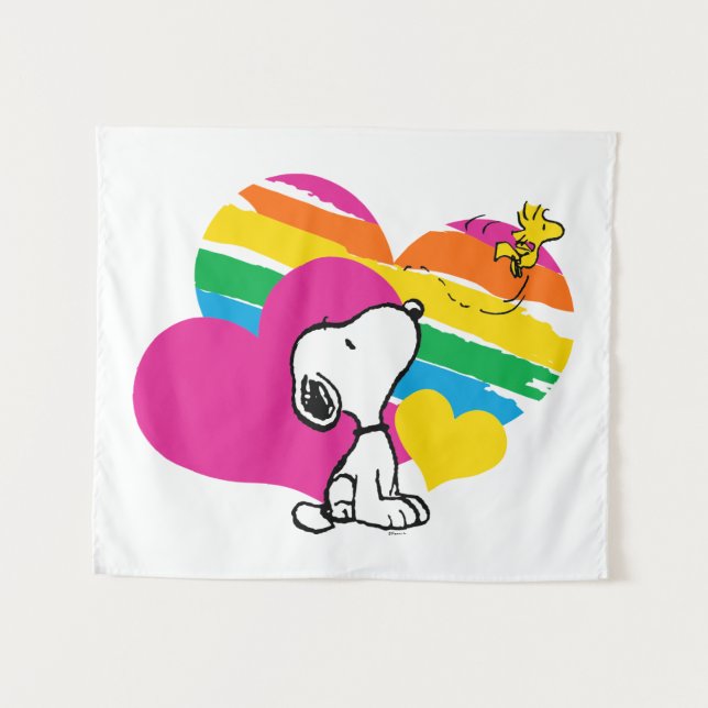 Snoopy and Woodstock | Rainbow Hearts Tapestry (Front (Horizontal))