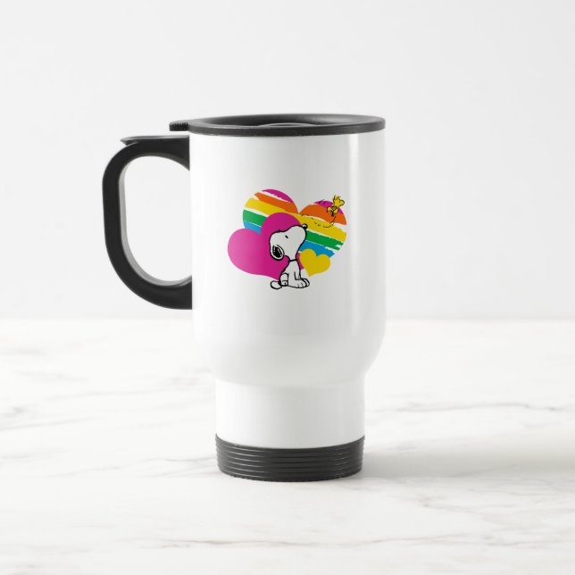 Snoopy and Woodstock | Rainbow Hearts Travel Mug (Left)