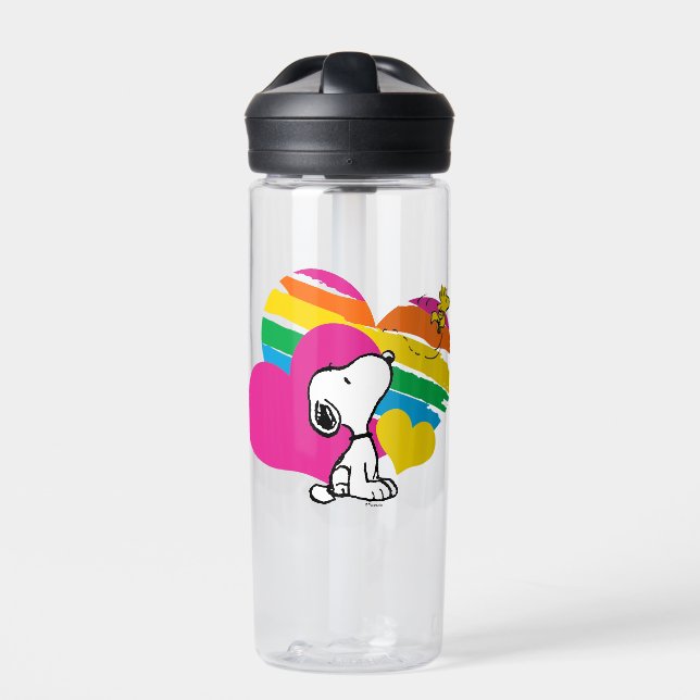 Snoopy and Woodstock | Rainbow Hearts Water Bottle (Front)