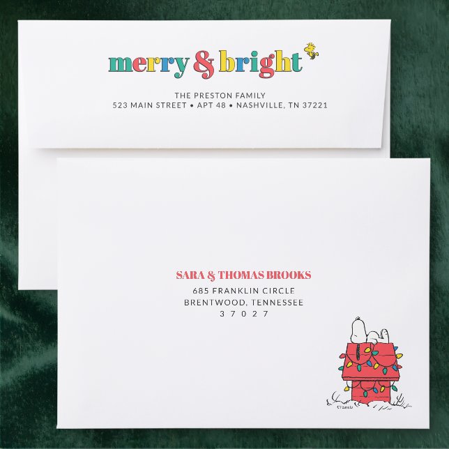 Snoopy Doghouse - Merry & Bright Addressed Envelopes (Green)