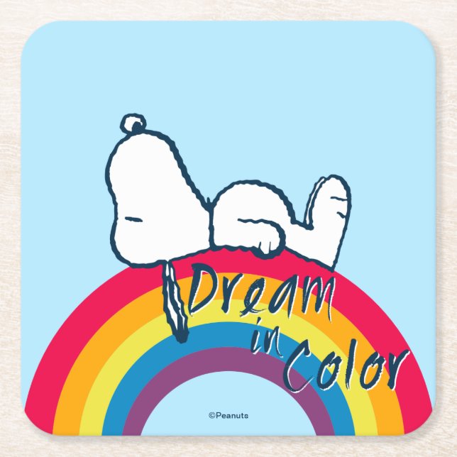 Snoopy | Dream in Color Rainbow Square Paper Coaster (Front)