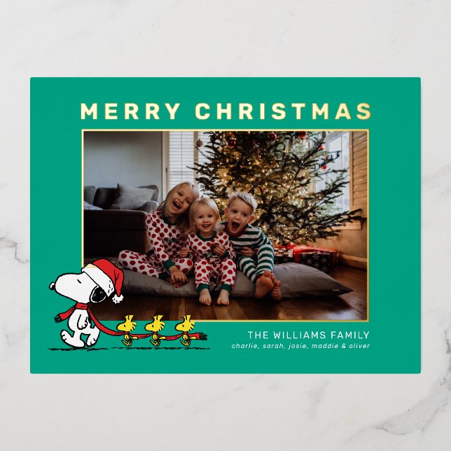 Snoopy & Friends Christmas Family Photo Foil Holiday Postcard (Front)