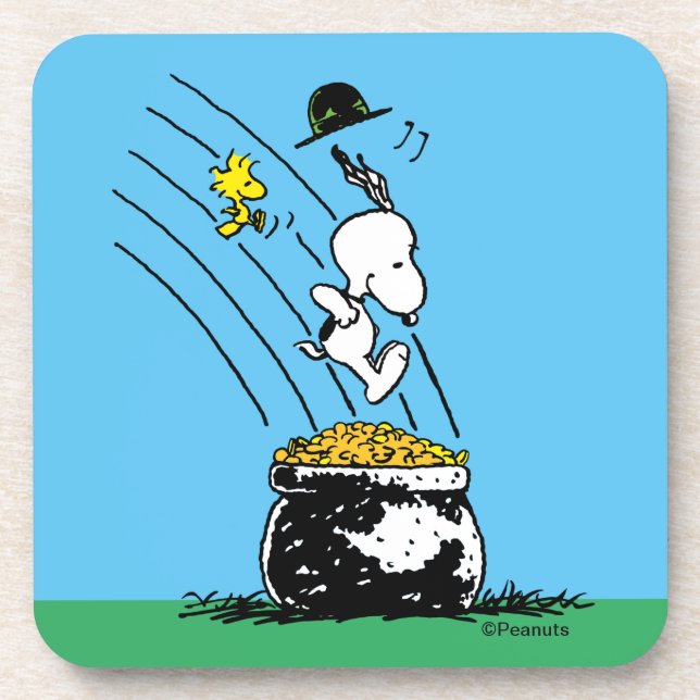 Snoopy Jumping into Pot of Gold Beverage Coaster (Front)